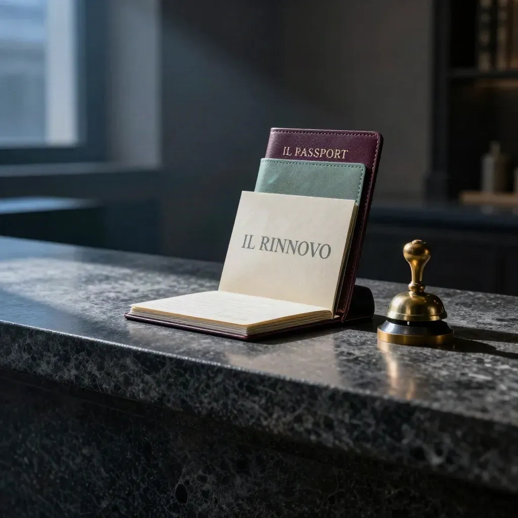 Set di rinnovo documenti su banco in pietra, luce drammatica dall’alto a sinistra.