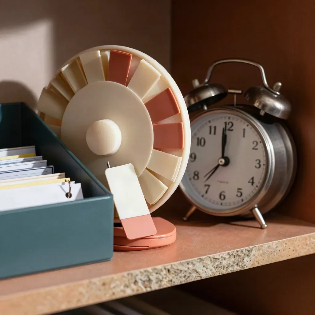 Primo piano di calendario, tab colorati e sveglia su vassoio archivio, con luce calda e sfondo sfocato.