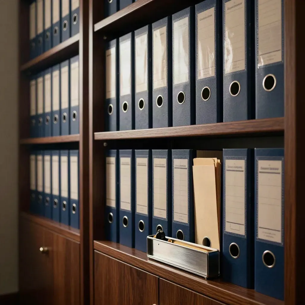 Archivio ordinato di pratiche con raccoglitori, divisori e vassoio portachiavi metallico.