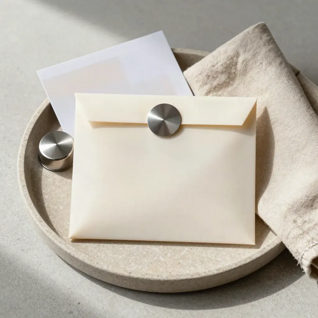 Busta frosted, sigillo anti-manomissione e pouch zip su vassoio di pietra, luce morbida.