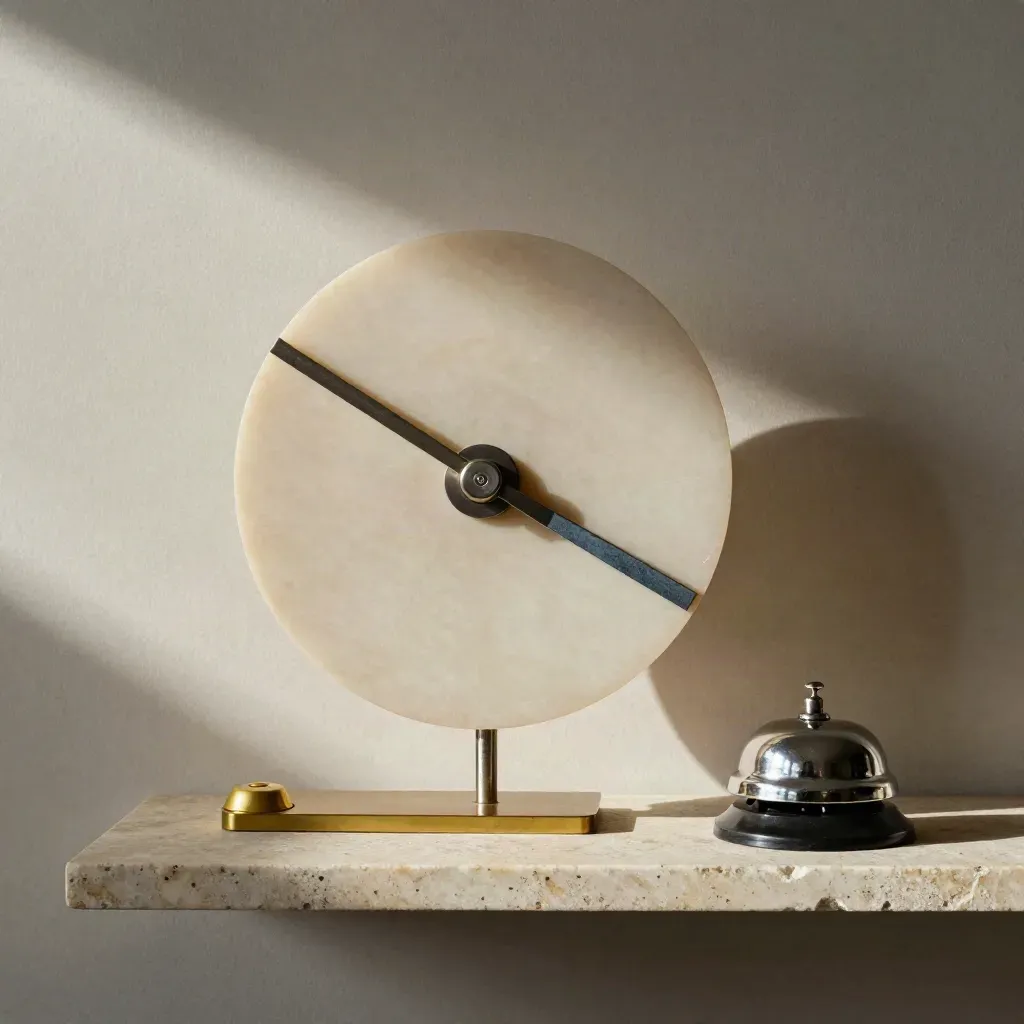Calendario a ruota, gettone in ottone e campanello su mensola di travertino, luce laterale.
