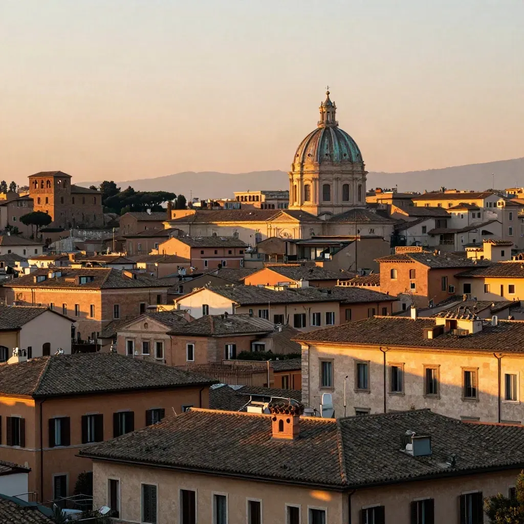 Panorama del Lazio al tramonto con tetti di Roma e una cupola lontana.