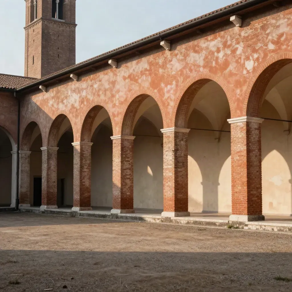 Arcate in terracotta e una torre emiliana emergono sopra un fondo caldo e morbido.
